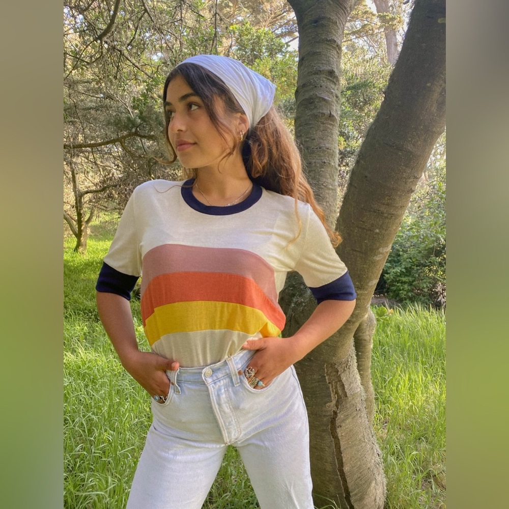 Camp collection over the rainbow tee navy retro stripe